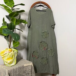 Lin Blanc 14 Olive Green 100% Linen Boho Artsy Lagenlook Maxi Dress Italy Made